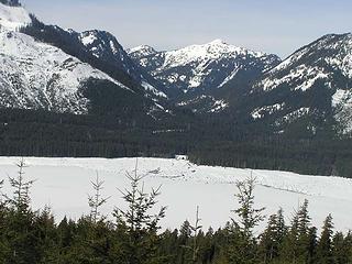 Looking across Lake Kecheelus toward Silver and Catherine - culvert in middle of photo