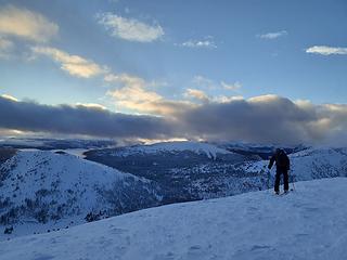 Skiing down Armstrong with Rock Peak in the background