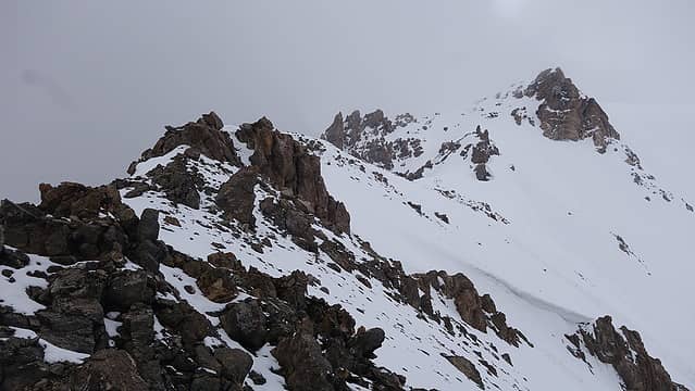 Scrambling terrain on Petrowski north ridge above