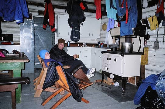 Sam and Don in Elkhorn Cabin with wet gear hanging everywhere  Elwha River November 2005