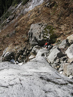 Scrambing the snowless lower gully