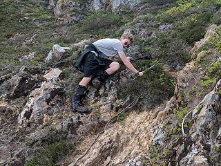 Mason down climbing the tricky stuff