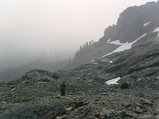 Craig traversing the endless scree and slabby ridges on the north side of Watson