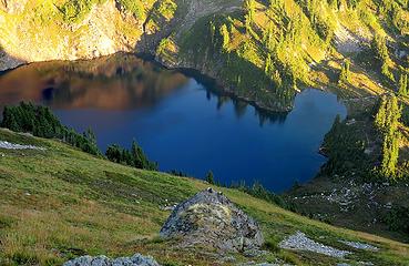 Marmots on their rock throne above Blue Lake