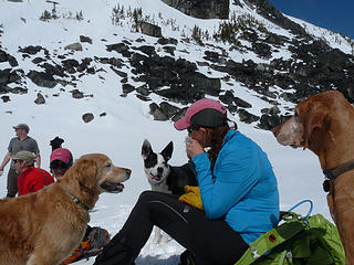 Colleen has all three dogs' undivided attention - to Frigid Peak  04-19-14