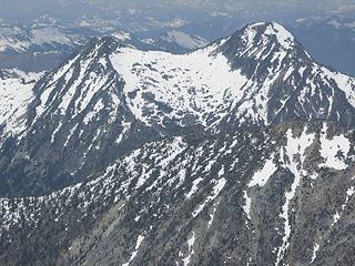 Eightmile Mountain with the wide gulley route still holding snow and highpoint  7900' plus to the left