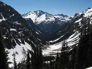 Looking down avalanche-filled Fisher Creek from Easy Pass