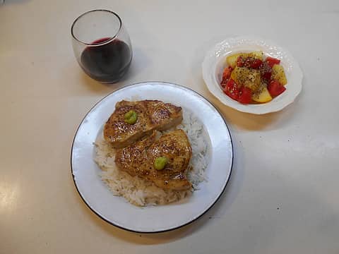 pan-fried swordfish on rice with tomato salad 08/26/22