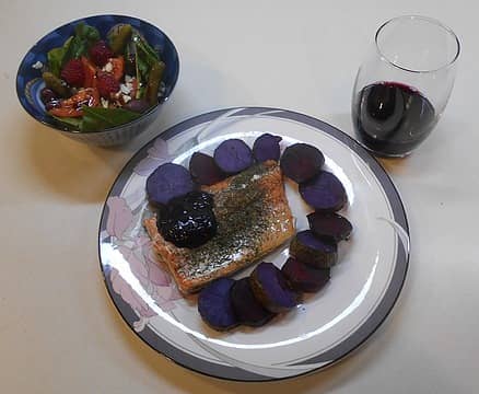 wild coho filet with salal jelly, roasted beet and purple potato, and salad 10/24/22