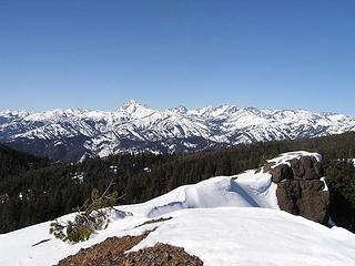 Looking out along the ridge that leads to the lookout - Stuart/Stuart range and Enchantments in the distance