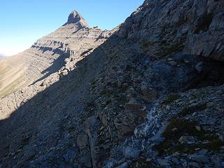 first third of ledge route and Stoney Indian Peaks