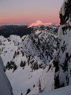 View through the notch: ChokTwin Point & Chokwich in shadow, Pugh in alpenglow