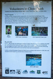 Squire Creek trail kiosk describing groups contributing to road and trail maintenance