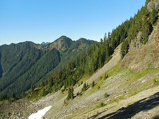 down the scree field towards the ridge.