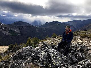 At the top of Two Point with clouds and showers rolling in