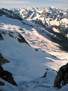 Looking down to shrunds at the bottom of the gully