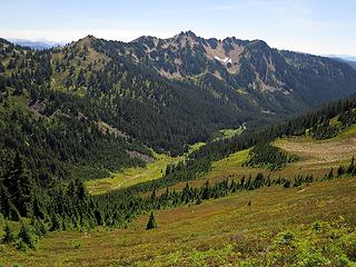 Looking back at Wards Pass, Skykomish Peak, and the headwaters of the North Fork Skykomish River