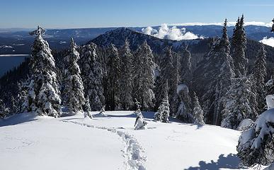 Following my tracks down, with Baldy in the distance and the trail junction on the rise at right