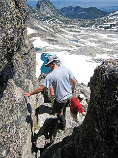 Scrambling down the tower