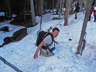 Josh fell in a snow hole. I helped him out afterwards