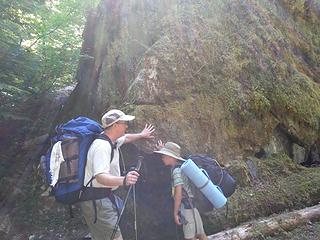 The guys becoming one with nature as they mind-meld with the first "big rock" of the hike