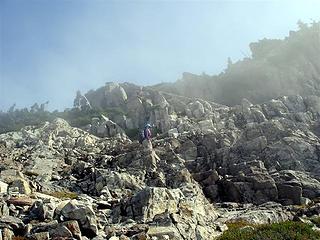 Our route up Sperry was to scramble the slabby SW slopes to gain the upper NW ridge and then climb the ridge to the summit.