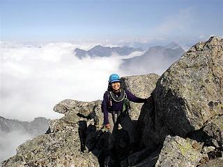 Taehee has just topped out on a short chimney, a couple of minutes from the summit.