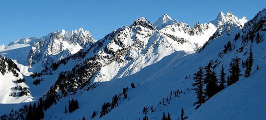 First view of the peaks (Marble Needle, Eldorado, Sibley Pass, Triad)