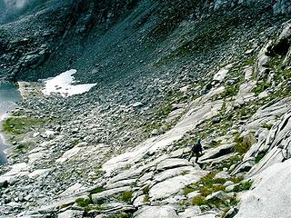 Our ascent route was too steep to downclimb, so to return to the lake, we went to the Sperry-Vesper saddle and followed the class 2 route down from there.