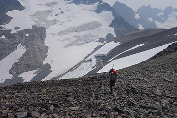 Climbing talus to Custer's south ridge. This is when the real fun began.