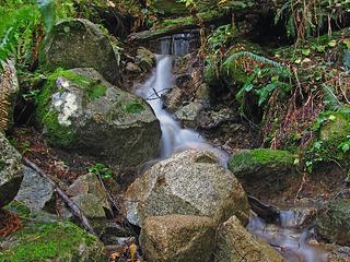 Waterfall at trail intersection