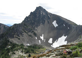 Three Fools Peak, NW face.  He has a right to a nap; he just climbed it.