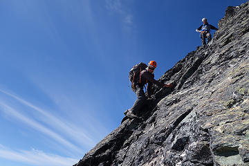 Fletcher on the crux of the downclimb. Definitely a no-fall zone.