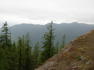 Approx 3250 ft/4 mi looking S across Duckabush River valley. Glimpse of Hood canal off to left (SE).