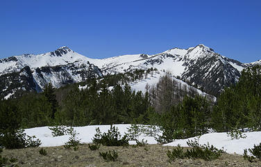 Nice view of Switchback 8321' and snowbound Cooney Pass along with the saddle - ridge route to Martin 8375' with Cooney Peak 7674' the high point on Foggy Dew Ridge  below.