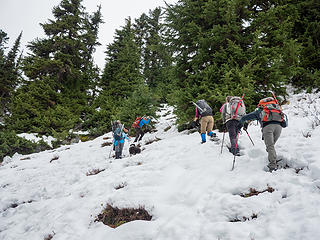 Just below the ridge it got a little steeper and more slippery with a few inches of snoe on top of the heather.