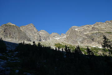 Our route up Copper goes straight up the middle of this photo, then cuts right and traverses up to the slabby section on the right-hand side of this photo just below the ridge crest. From there, we scrambled class 3 to the ridge crest and rode the ridge to the summit.