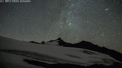 Sahale Peak above the Sahale Glacier.  Above that, on the upper right hand corner, is the Andromeda Galaxy.