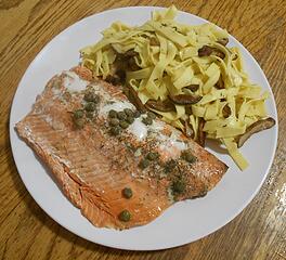 wild sockeye filet with lemon and capers with fettucini and shitake mushroom 011621