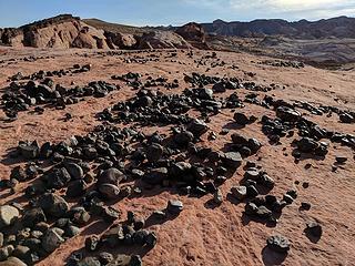 61.  In the background (left) you can see a conglomerate layer on top of the sandstone.  In the foreground I believe is what remains after most of it washes away