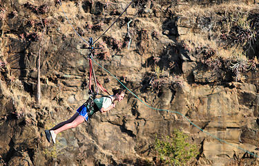 Zip line over Zambezi River gorge downstream of Victoria Falls.