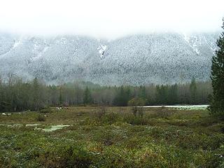 Hills, snow, field, stream and lake