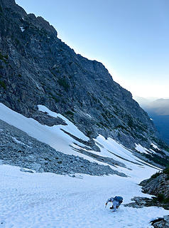 Crossing the broad ravine to reach the southwest face