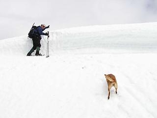 Jim inching along the shelf just below false summit