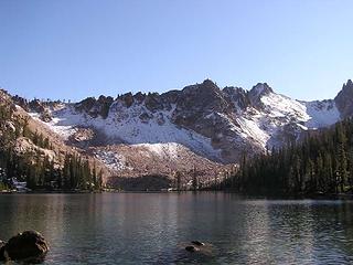 Looking south across Baron Lake for a scramble route up and over to Warbonnet Lake (Baron Divide to the left)