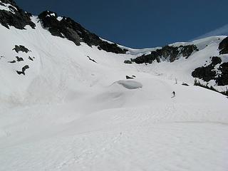 Route Options, ridge on right or gully in center (later photo)