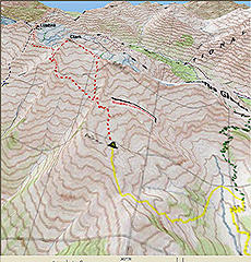 3D map Clark/Luahna route map (yellow line is approach, red line is summits)