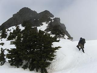 Dallas booting up towards the summit of Baring.