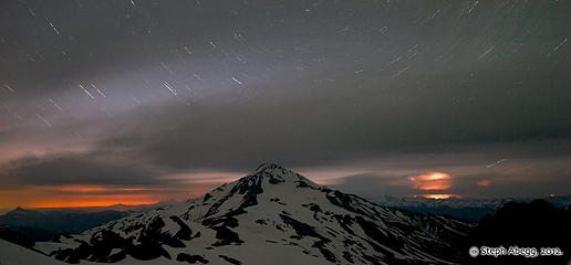 Night photo at camp. Note the lightning on the horizon.