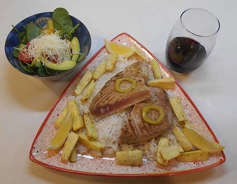 seared yellowfin on basmati with roasted parsnip and salad 03/18/23